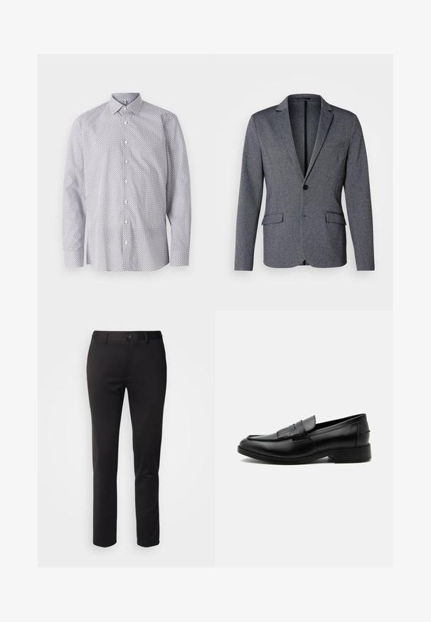 Grå blazer med spidsflip, enkelt knaplukning, to foran lommer og et struktureret stof. Standard pasform med lige søm.; Langærmet skjorte i hvid med et sort geometrisk mønster, med klassisk krave, knaplukning og blødt bomuldsstof.; Sorte bukser i glat stof, med lige ben, frontlukning med knap og bæltestropper, vist på en hvid baggrund.; Sort læder herre loafers med kvast detalje, rundet tå, lav hæl og glat poleret finish, vist fra siden på hvid baggrund.