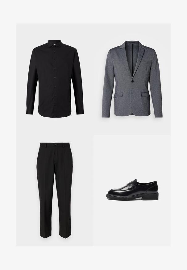 Grå blazer med spidsflip, enkelt knaplukning, to foran lommer og et struktureret stof. Standard pasform med lige søm.; Sort langærmet skjorte lavet af vævet stof, med knaplukning fortil, krave og klassisk pasform. Glat tekstur og minimalistisk design.; Sorte bukser lavet af glat stof, med lige ben design, forlommer, en enkelt knaplukning, og uden synlige mønstre.; Zign by Zalando LEATHER - Business loafers - black
