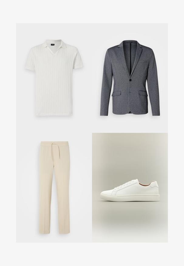 Americana gris con solapa con muesca, cierre de un solo botón, dos bolsillos frontales y una tela texturizada. Ajuste estándar con un dobladillo recto.; Polo blanco de manga corta con cuello en V y cuello doblado. Textura suave con patrón vertical. La etiqueta dentro del cuello dice "JOOP!"; Pantalones beis con cintura elástica y cordón. Presentan piernas rectas y una textura suave, adecuados para el uso casual o para relajarse.; Zapatilla blanca de corte bajo con cierre de cordones y suela plana, mostrada de perfil sobre un fondo neutro.