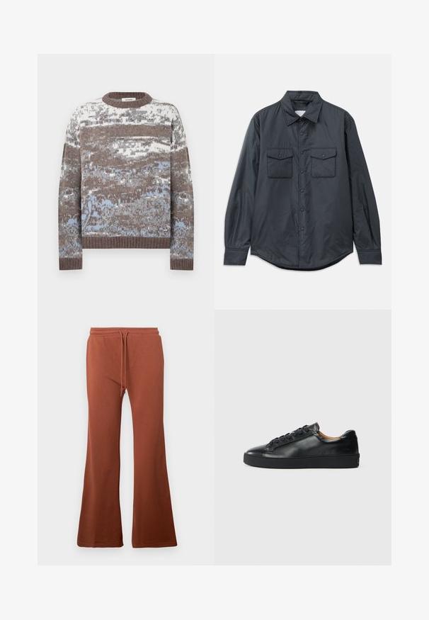 Mørkegrå langærmet skjorte lavet af glat stof med spids krave, to brystlommer og knaplukning foran.; Strikket sweater med et flerfarvet mønster i brune og blå nuancer. Rund halsudskæring med ribbet kant ved ærmer og bund. Blød tekstur.; Brune, flagrende sweatpants lavet af blødt stof. Har en elastisk talje med snoretræk og en glat overflade. Ingen synlige mønstre.; Sorte lædersneakers med en glat overflade, rund tå og snørebåndslukning. Har en tyk gummisål og minimal branddetalje.