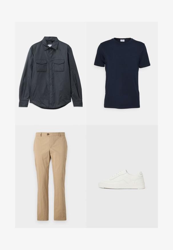 Mørkegrå langærmet skjorte lavet af glat stof med spids krave, to brystlommer og knaplukning foran.; Marineblå crew-neck t-shirt lavet af blødt stof. Korte ærmer med en klassisk pasform, der har et mærke ved halsen. Glat tekstur, minimalistisk design.; Beige bomuldsbukser med lige ben, med knaplukning, bæltestropper og en glat tekstur. Ingen synlige mønstre.; Hvid lavskoet lædersneaker med snørelukning, tekstureret hælkappe og let rillede hvide gummisål på en ensfarvet lys baggrund.
