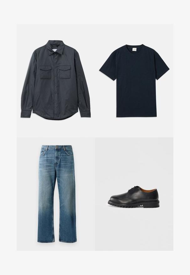 Chemise à manches longues gris foncé en tissu lisse, dotée d'un col pointu, de deux poches poitrine et d'une fermeture à boutons sur le devant.; T-shirt à manches courtes en bleu marine uni avec un petit logo embossé près de l'ourlet inférieur.; Jeans oversize bleu clair avec un délavage, featuring une fermeture à un bouton, cinq poches et des coutures contrastées.; Chaussure de cuir noire avec un bout arrondi, un design à lacets et une semelle en caoutchouc texturée. Présente des coutures contrastantes et une doublure intérieure marron.