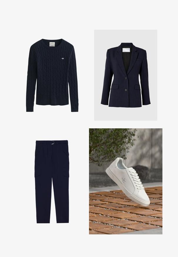 Marineblauer Blazer aus strukturiertem Stoff, mit einreihigem Design, zwei vorderen Knöpfen und zwei seitlichen Taschen.; Marineblauer, kabelgestrickter Langarmpullover mit Rundhalsausschnitt und kleinem gesticktem Logo auf der linken Brust.; Marinefarbene Cargo-Hose mit einem Gürtel mit silbernem Ring, vier Taschen und tapered Beinform, aus weichem, strukturiertem Stoff.; Weißer Sneaker mit niedrigem Schaft, Schnürsenkeln und Calvin Klein Logo an der Seite, schwebend über einer gefliesten Holzoberfläche im Freien in der Nähe von Grünpflanzen.