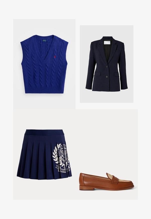 Marineblauer Blazer aus strukturiertem Stoff, mit einreihigem Design, zwei vorderen Knöpfen und zwei seitlichen Taschen.; Blaues gestricktes ärmelloses Weste mit V-Ausschnitt, Zopfmuster, gerippten Kanten und einem kleinen roten gestickten Logo auf der Brust.; Marineblauer plissierter Rock mit breitem Bund und weißem Tennis-Wappen-Logo auf der unteren rechten Seite.; Brauner Leder-Slipper mit gewebtem beigem Einsatz oben, niedrigem Holzabsatz und traditionellem Penny-Riemen-Design vor weißem Hintergrund.