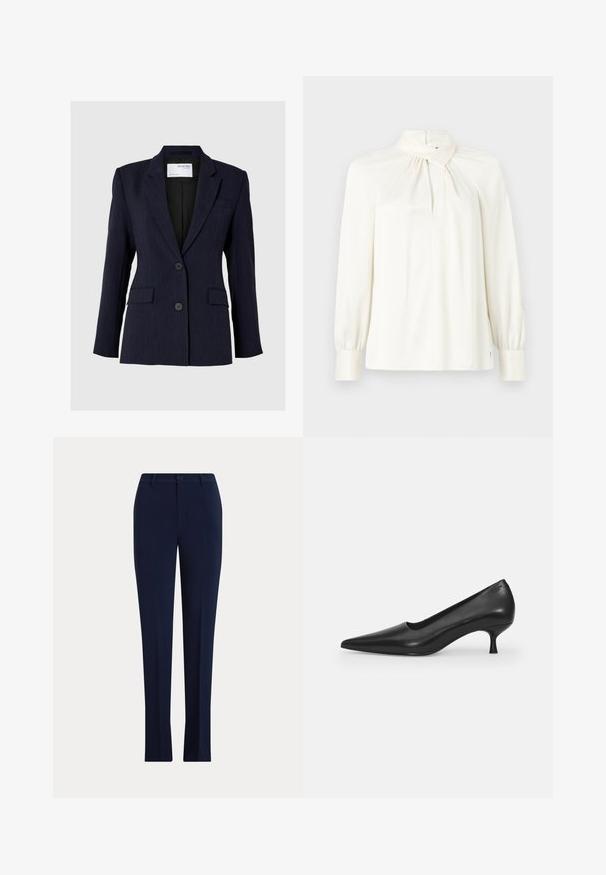 Marineblauwe blazer van textuurstof, met een enkelvoudige sluiting, twee voorste knopen en twee zijzakken.; Langsleeve blouse met hoge hals in crème, gemaakt van een gladde stof. Heeft een geplooide detail bij de halslijn en pofmouwen.; Donkerblauwe, op maat gemaakte rechte broek met een knoop en riemlussen op een lichte achtergrond.; Zwarte leren hoge hak schoen met een spitse neus, gebogen ontwerp en een slanke 5 cm hak. Gladde textuur met minimale versieringen.