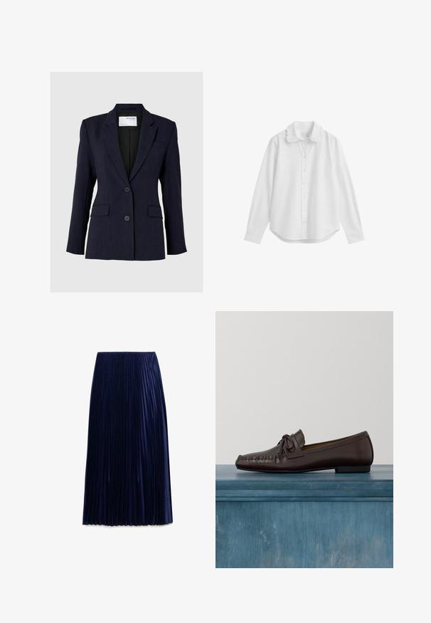 Námornícky modrý blazer z textúrovanej látky, s jednoradovým dizajnom, dvoma prednými gombíkmi a dvomi bočnými vreckami.; Biela košeľa s dlhým rukávom na gombíky, so zvlneným golierom a zapínanými manžetami, zobrazená na bielom pozadí.; Námornícka plisovaná midi sukňa vyrobená z ľahkej látky s hladkou textúrou, ktorá má rovnomerne rozložené vertikálne záhyby a elastický pás.; Hnedé kožené mokasíny s okrúhlou špičkou, mašľou a ozdobným prešívaním na priehlavku. Plochá čierna gumová podrážka.