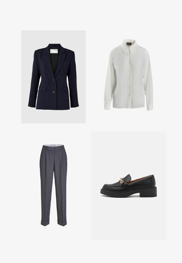 Námornícky modrý blazer z textúrovanej látky, s jednoradovým dizajnom, dvoma prednými gombíkmi a dvomi bočnými vreckami.; Luisa Spagnoli LIMONAIA - Blúzka so zapínaním na gombíky - panna; Tmavo šedé nohavice na mieru s rovnou nohou, s plisovaním vpredu a ohrnutými manžetami. Vyrobené z hladkej tkaniny, s klasickým pásom.; Čierny kožený mokasín s masívnou podrážkou na platforme, ozdobený zlatým reťazovým detailom a viditeľným prešitím. Hladká textúra a elegantný dizajn.