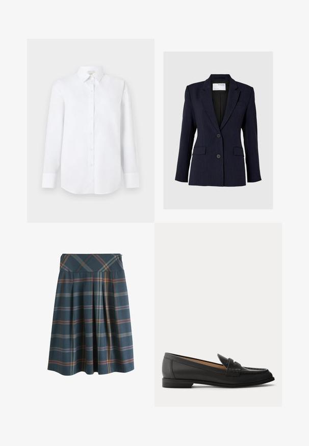 Marineblauer Blazer aus strukturiertem Stoff, mit einreihigem Design, zwei vorderen Knöpfen und zwei seitlichen Taschen.; Weißes Langarmhemd aus glattem Stoff, mit durchgehender Knopfleiste, klassischem Kragen und abgerundetem Saum mit geknöpften Manschetten.; Knielanger plissierter Rock mit breitem Bund, der ein blaues, orangefarbenes und lila kariertes Muster auf dunklem Hintergrund zeigt.; Schwarzer Damen-Loafer aus Leder mit niedrigem Absatz, abgerundeter Spitze und genähten Details am Obermaterial, von der Seite auf einfarbigem Hintergrund gezeigt.