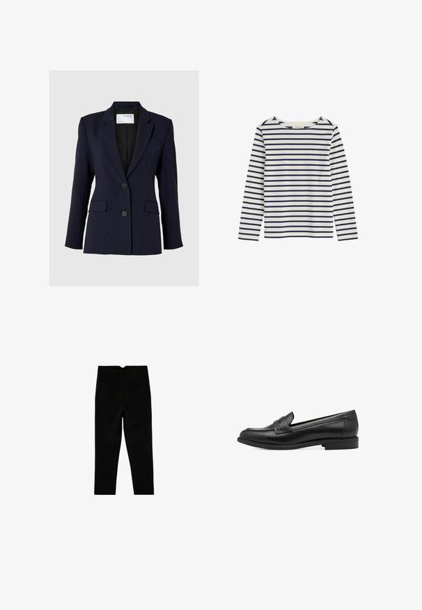Blazer azul marino hecho de una tela texturizada, con un diseño de un solo botón, dos botones frontales y dos bolsillos laterales.; Camisa de manga larga blanca con rayas horizontales azul marino y escote redondo, extendida sobre un fondo blanco.; Pantalones negros a medida hasta el tobillo con bolsillos laterales y pierna ligeramente entallada, mostrados extendidos sobre un fondo blanco.; Mocasines de piel negra con una textura suave, que presentan un detalle trenzado en la parte superior y un tacón bajo y redondeado. Diseño y forma simples.