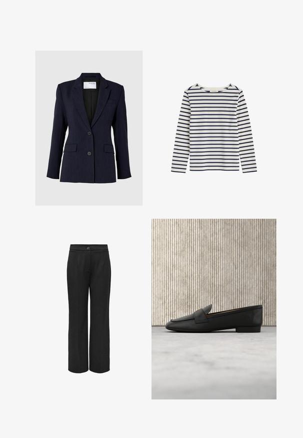 Mørkeblå blazer lavet af struktureret stof, med en enkelt-knap design, to frontknapper og to sidelommer.; Langærmet hvid skjorte med horisontale marineblå striber og rund halsudskæring, lagt fladt på en hvid baggrund.; Sorte bukser med vide ben lavet af et glat stof, der har en knaplukning og pressefold for et skræddersyet udseende.; Sorte læder loafers med et guld accent, afrundet tå og en glat overflade, hængende over en reflekterende overflade med metalliske hylder.