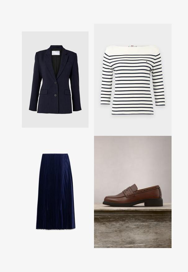 Marineblauwe blazer van textuurstof, met een enkelvoudige sluiting, twee voorste knopen en twee zijzakken.; Wit shirt met lange mouwen, horizontale donkerblauwe strepen en een klein Tommy Hilfiger-logo op de linkerborst.; Navy geplooide midi-jurk gemaakt van lichte stof met een zachte textuur, voorzien van gelijkmatig verdeelde verticale plooien en een elastische tailleband.; Bruine leren loafer met geperforeerde details, zwevend boven een houten oppervlak tegen een groene, wazige achtergrond.