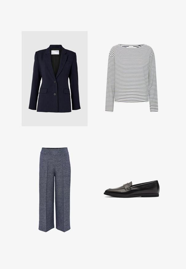Marineblauer Blazer aus strukturiertem Stoff, mit einreihigem Design, zwei vorderen Knöpfen und zwei seitlichen Taschen.; Langärmliges Oberteil mit Bootsausschnitt, aus weichem Stoff mit horizontalen Streifen in Marineblau und Weiß. Gerader Schnitt und minimalistische Details.; Weite Hosen aus strukturiertem marineblauen Stoff, mit hohem Bund und klaren Vorderfalten für ein strukturiertes Design.; Schwarze Lederloafer mit glatter Oberfläche, runder Spitze und zweifacher Nahtakzentuierung im Obermaterial. Flache Gummisohle für Komfort.