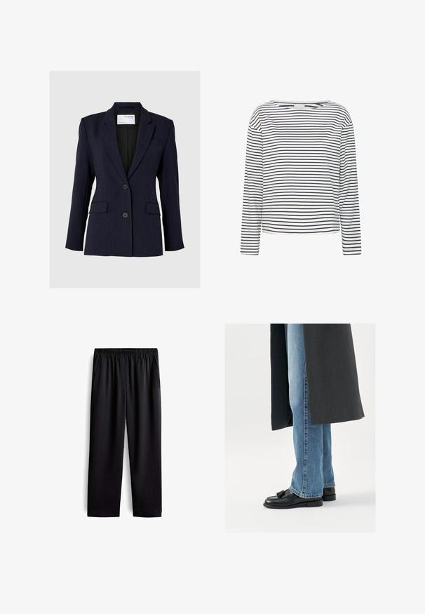 Marineblauwe blazer van textuurstof, met een enkelvoudige sluiting, twee voorste knopen en twee zijzakken.; Langsleeve top met een bootnek, gemaakt van zachte stof met marineblauwe en witte horizontale strepen. Rechte snit en minimale details.; Zwarte op maat gemaakte broek met een elastische tailleband, zijzakken, rechte pijpen, een gladde stofstructuur en zonder zichtbare patronen of accenten.; Zwarte leren instappers met kwastjes, gedragen met lichtblauwe rechtlopende jeans, aangevuld met een donkergrijze jas. Schone lijnen en textiel met structuur.