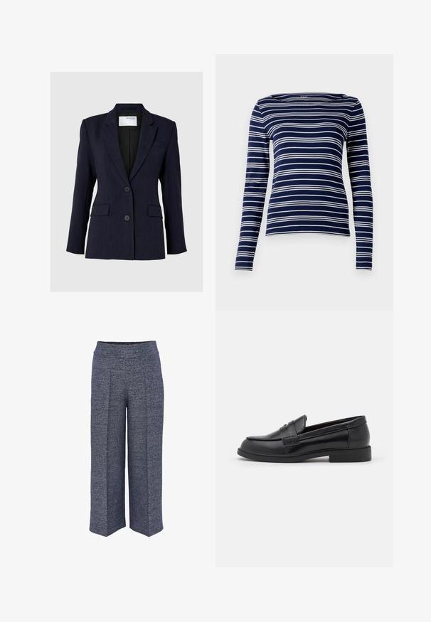 Marineblauwe blazer van textuurstof, met een enkelvoudige sluiting, twee voorste knopen en twee zijzakken.; Navy lange mouw top met witte horizontale strepen, bootkraag en zachte, rekbare stof. Eenvoudig, getailleerd design, minimale details.; Wijduitlopende broeken gemaakt van een gestructureerde marineblauwe stof, met een hoge tailleband en nette voorplooien voor een gestructureerd ontwerp.; Zwarte leren loafers met een gladde textuur, ronde neus, gestikte details op de bovenkant en een lage, platte rubberen zool.