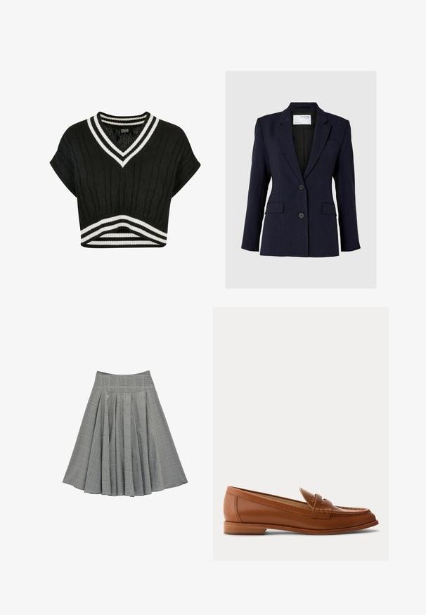 Marineblauer Blazer aus strukturiertem Stoff, mit einreihigem Design, zwei vorderen Knöpfen und zwei seitlichen Taschen.; Schwarzer, kurzer Pullover mit V-Ausschnitt, Struktur aus Kabelstrick, kurzen Ärmeln und doppelten weißen Streifen am Kragen und Saum.; Grauer plissierter Rock mit weißem Karomuster und hoher Taille, auf schlichtem weißem Hintergrund dargestellt.; Brauner Lederloafer mit niedrigem Holzabsatz, klassischem Pennyriemen und genähten Details entlang der Zehen- und Seitenpartien.