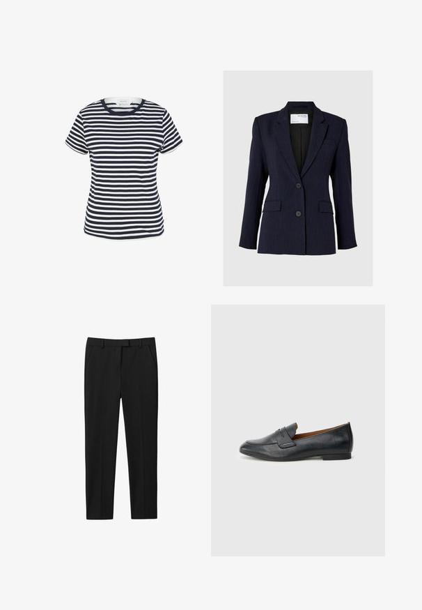 Mørkeblå blazer lavet af struktureret stof, med en enkelt-knap design, to frontknapper og to sidelommer.; Marineblå og hvid stribet t-shirt lavet af økologisk bomuld, med rund halsudskæring og korte ærmer, samt en lige kant forneden.; Sorte bukser med skræddersyet design, flad front, to sidelommer og lige benudskæring. Fremstillet af glat stof med en subtil glans.; Sort læderloafers med rundet tå, diskrete syningsdetaljer og flad hæl. Glat tekstur med enkelt silhuet.