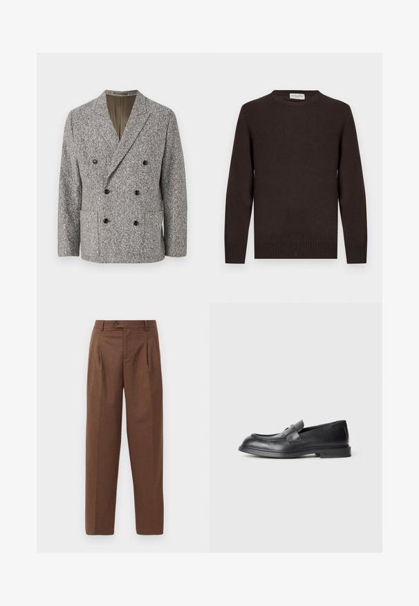 Dobbeltbrystet jakke i grå hørmønster med sorte knapper, en lapelkrave og to forlommer. Glat inderside.; Brun strikket sweater med rund halsudskæring, ribstrikkede ærmekanter og kant forneden. Glat tekstur uden mønstre eller detaljer. Enkel design og klassisk form.; Brune skræddersyede bukser med lige pasform, synlige folder, forlommer og en enkelt knaplukning i taljen. Glat tekstur.; Sorte læder loafers med en struktureret finish, der har en dekorativ frontrem og en rundet tå. Gummisål for holdbarhed.