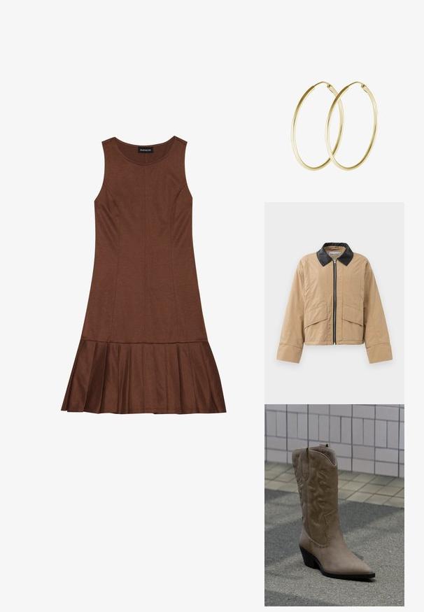 Beige cropped jakke lavet af struktureret stof, med en sort kunstlæderkrave, frontlynlås og to store forlommer.; Brun ærmeløs kjole med tætsiddende top og flagrende, plisseret kant, lavet af et glat materiale med synlig sømsyning.; Høj, beige cowboystøvle i ruskind med dekorative syninger og nitteaccenter, med spids snude og skråsort hæl på fortovet.; Guld hoops øreringe med et glat, rundt design og en blank finish. Letvægts konstruktion med en sikker låsemekanisme.