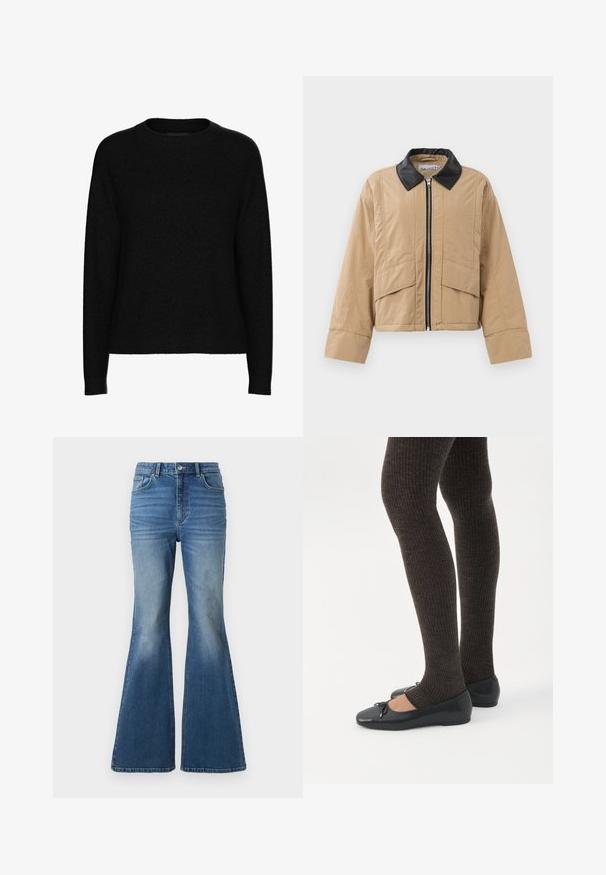 Veste beige courte en tissu texturé, dotée d'un col en simili cuir noir, d'une fermeture éclair frontale et de deux grandes poches avant.; Pull noir à manches longues avec col rond, col, poignets et ourlet côtelés, fabriqué en tissu doux et texturé.; Jean en denim bleu taille haute, évasés, avec un effet délavé, comportant deux poches avant, une fermeture à bouton, et des détails cousus sur les coutures.; Jambes portant des leggings côtelés foncés associés à des ballerines noires avec de petits détails en nœud sur fond blanc.