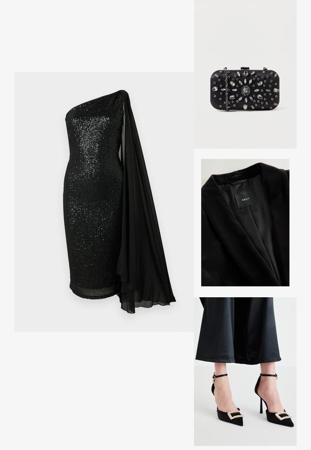 Sort fløjlsblazer med sjalkrave, satinfor og en mærkat med teksten "NEXT." Tekstureret stof med en glat finish.; Sort glitrende kjole med en-skulder-design. Har et flydende sort chiffon-kappe-detalje, tætsiddende silhuet og knælangt kant.; Sorte satin højhælede sko med spidse tæer, der har en dekorativ rhinesten spænde og tynde ankelremme.; Sort clutch i rektangulær form, pyntet med forskellige rhinsten i et blomsterdesign, med en sølvkæde til at bære.