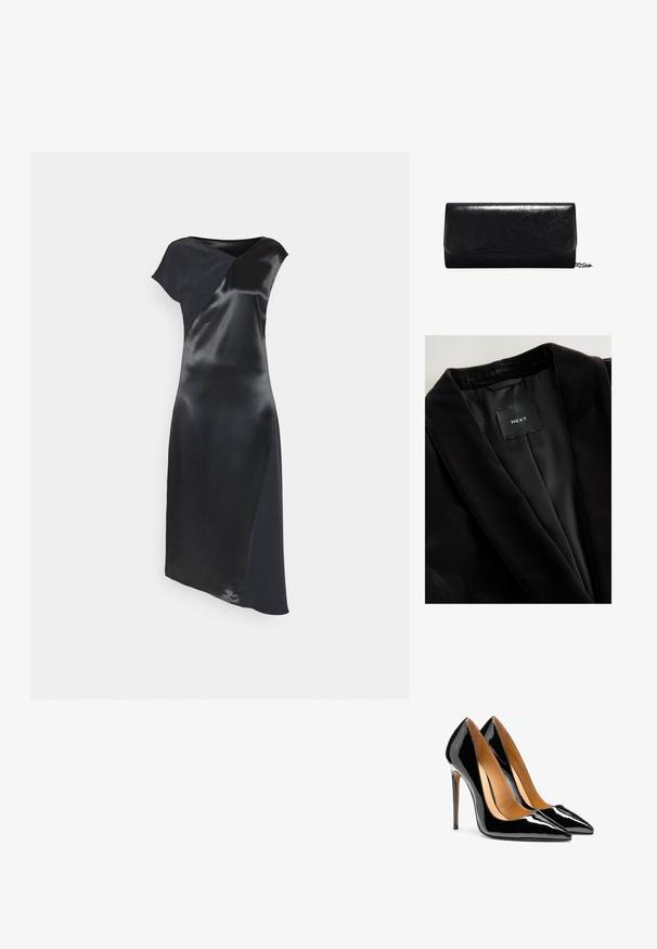 Blazer de terciopelo negro con cuello chal, forro de satén y una etiqueta que dice "NEXT". Tejido texturizado con un acabado suave.; Calvin Klein NAIA SHINE MIDI DRESS - Vestido de cóctel - black; Par de tacones altos de charol negro brillante con punta afilada, tacones de aguja y forro interior color beige sobre fondo blanco.; Clutch de cuero negro con una textura suave, forma rectangular y detalles con borde en la parte delantera. Incluye una correa de cadena desmontable.
