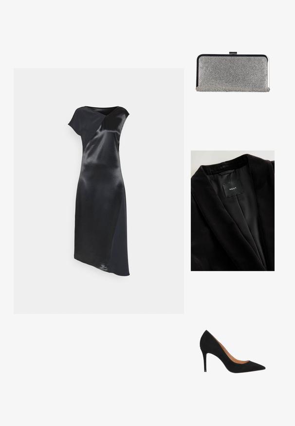 Sort fløjlsblazer med sjalkrave, satinfor og en mærkat med teksten "NEXT." Tekstureret stof med en glat finish.; Calvin Klein NAIA SHINE MIDI DRESS - Cocktailkjole / festkjole - black; Sorte ruskinds stiletter med spidse tæer, elegant design og stilethæle. Har en glat indvendig foring.; Rektangulær sølv clutch-pung dækket med små rhinsten med en sort og sølv metalramme og låsebeslag.