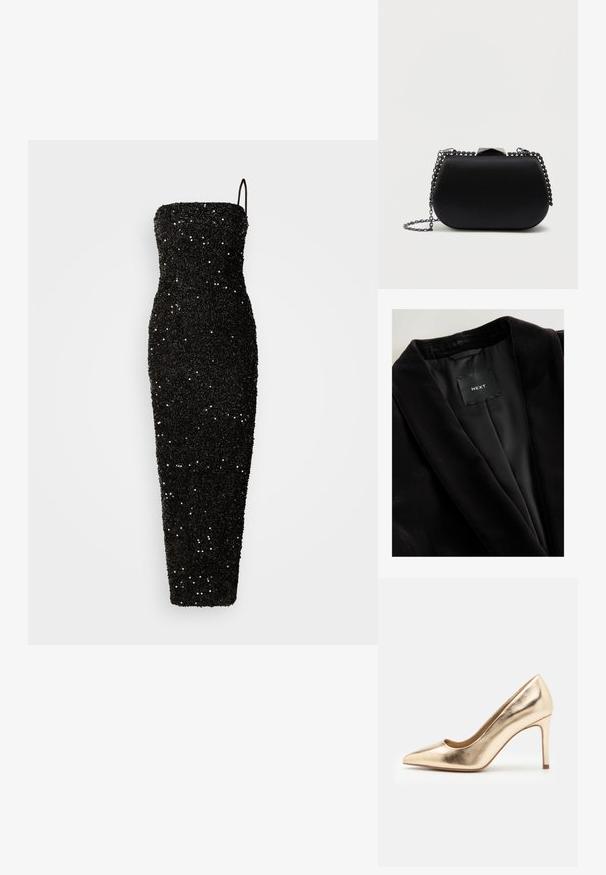 Sort fløjlsblazer med sjalkrave, satinfor og en mærkat med teksten "NEXT." Tekstureret stof med en glat finish.; Jarlo CLEMENT - Gallakjole - black; Guldmetallic højhælede pumps med spidse tæer og en glat overflade. Har lukket hæl og en slank, elegant stiletto-design.; Sorte clutch taske med en glat, mat finish, afrundet form og en sølv kædetras. Har en geometrisk lukningsdetalje på toppen.
