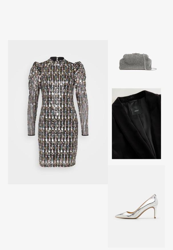 Mustast velvetist jakk, millel on šaali krae, satiinvooder ja silt nimega "NEXT". Tekstureeritud kangas sileda viimistlusega.; YAS Petite YASBINNA DRESS SHOW - Kokteilikleit/peokleit - black; Hõbedane metallik terava ninaga kõrge kontsaga king, millel on sile tekstuur, 4-tolline konts ja pehme kortsuline muster pinnal.; Reiss ADALINE EMBELLISHED - Väike käekott - silver coloured