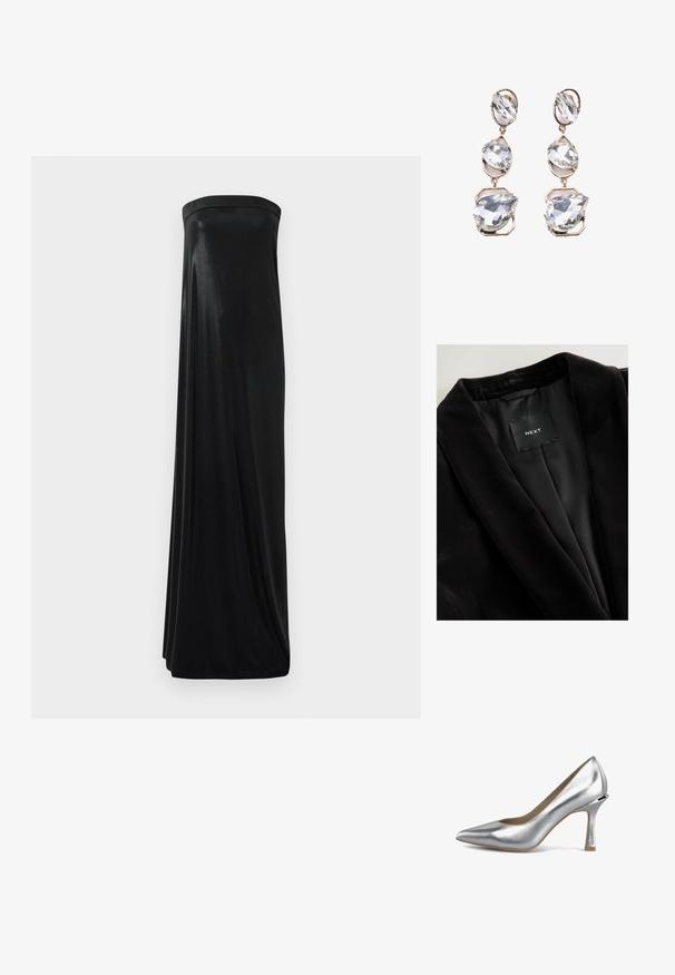 Blazer en velours noir avec col châle, doublure en satin et étiquette portant la mention "NEXT". Tissu texturé avec une finition lisse.; Robe maxi noire sans bretelles en tissu lisse et brillant. Présente un corsage ajusté et une silhouette fluide, atteignant le sol sans embellissements.; Talons aiguilles métalliques argentées avec une pointe fine, une finition texturée et un design de talon angulaire unique. Lignes épurées et surfaces lisses.; sweet deluxe Boucles d'oreilles - gold crystal