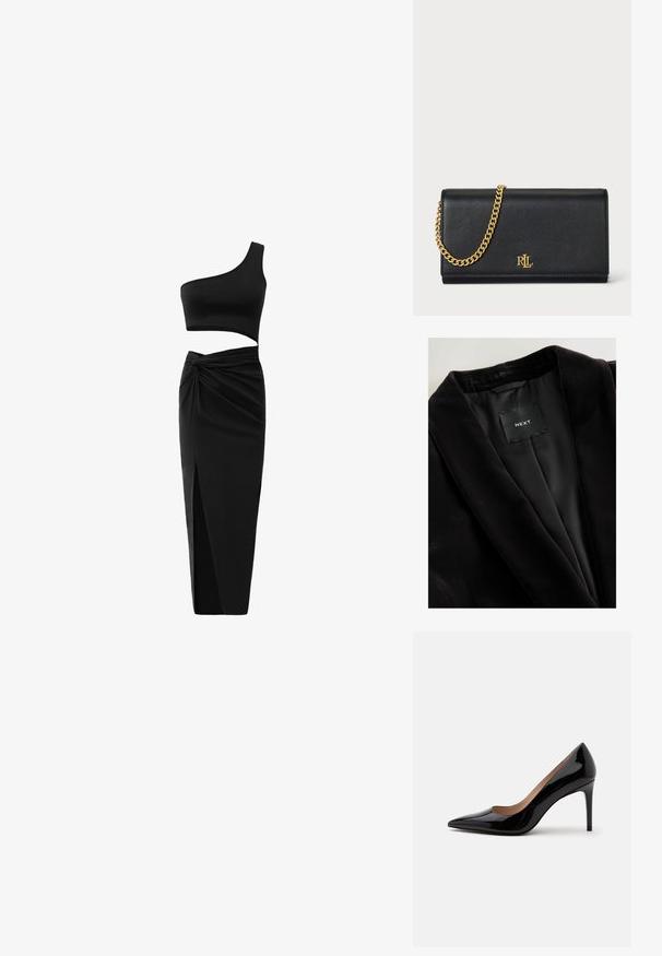 Sort fløjlsblazer med sjalkrave, satinfor og en mærkat med teksten "NEXT." Tekstureret stof med en glat finish.; Sort todelt tøj sæt bestående af en en-skulder crop top og en højtaljet nederdel med tvistet detalje og sideslids. Glat stof.; Sort laklæder pumps med høje hæle, spids snude og stilethæl, vist i sideprofil på en ensfarvet hvid baggrund.; Sort læderpung med en guld kædestrop, der har et guld logo foran. Minimalistisk design med en glat overflade og slank form.