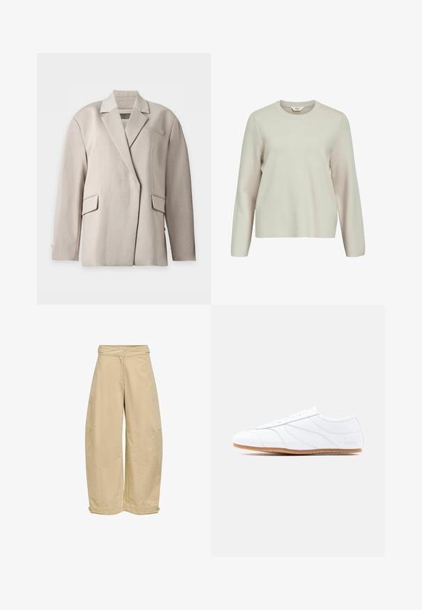 Blazer beige taillé sur mesure avec col à revers cranté, manches longues, deux poches à rabat et une poche passepoilée poitrine, présenté sur fond blanc.; Pull beige clair à manches longues avec un col rond. Fabriqué en maille texturée, présentant des épaules légèrement tombantes et une coupe décontractée.; Pantalon beige à jambes larges avec taille haute et bretelles ajustables boutonnées à l'ourlet sur fond blanc.; Baskets basses blanches à lacets, tige en cuir lisse, panneaux subtilement cousus et semelle en caoutchouc marron clair.