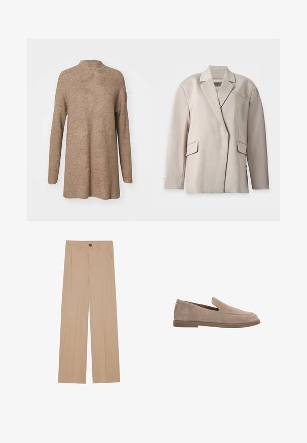 Beige op maat gemaakte blazer met notch-revers, lange mouwen, twee klepzakken en een borstpaspelzak, weergegeven op een witte achtergrond.; Bruine geribde trui met een hoge hals, lange mouwen en een relaxed fit. Gemaakt van een zachte, textuurrijke stof.; Beige wijde broek met een gladde textuur, voorzien van twee zijzakken, een frontale knoopsluiting en subtiele plooien voor een extra detail.; Taupekleurige suède instapslof met lage platte zool en afgeronde neus, linkerzijaanzicht op witte achtergrond.