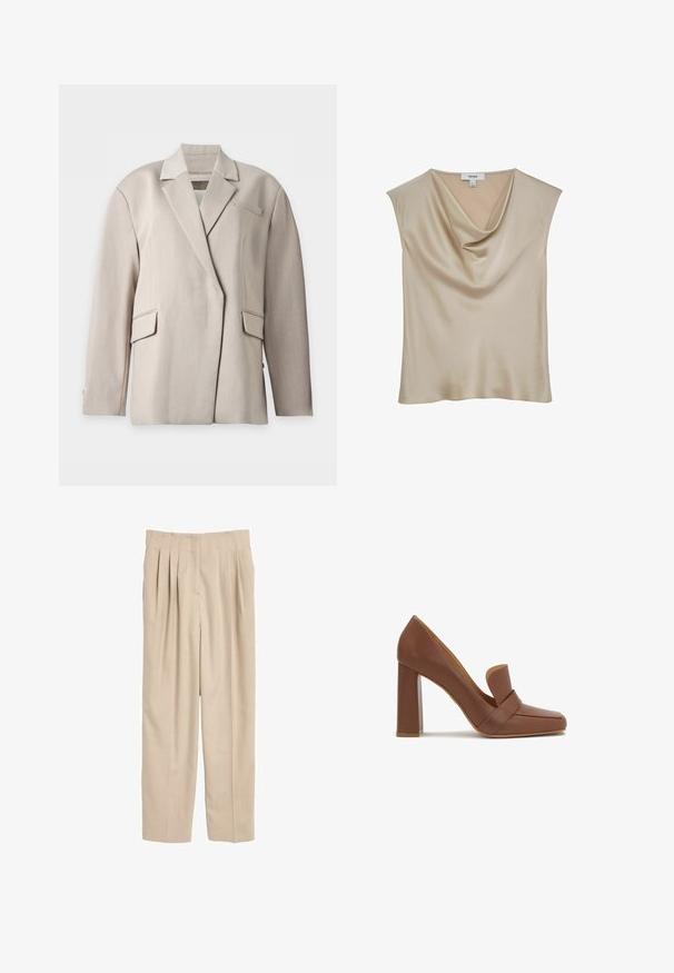 Beige skræddersyet blazer med notch revers, lange ærmer, to lommer med klap og en brystlomme, vist på en hvid baggrund.; Beige satinærmløs bluse med kaskadeudskæring, mærket "REISS", vist mod en hvid baggrund.; Beige plisserede bukser lavet af letvægtsstof. Har en lige pasform, taljebånd med syningsdetaljer og ingen synlige lommer.; Brun læder højhælet sko med firkantet tå og en bred rem på tværs foran. Hælen er blokformet og solid.