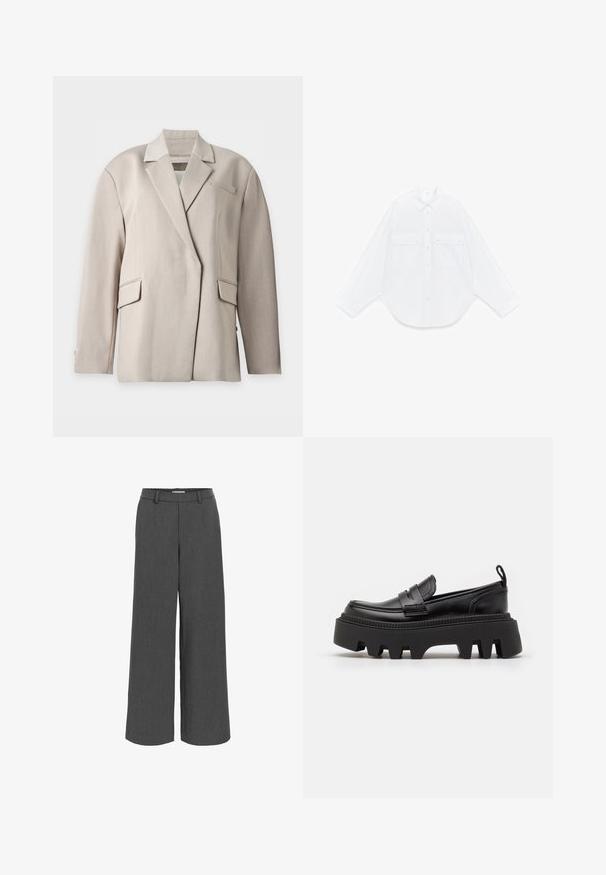Blazer beige taillé sur mesure avec col à revers cranté, manches longues, deux poches à rabat et une poche passepoilée poitrine, présenté sur fond blanc.; Chemise blanche à manches longues avec boutons, col pointu et deux poches avant à rabat avec boutons, posée à plat sur un fond blanc.; Pantalon large gris fabriqué en tissu texturé, avec une ceinture élastique et des poches avant pour un ajustement décontracté.; Mocassins en cuir noir avec une semelle en caoutchouc noir épaisse, dotées de rainures antidérapantes et d'une sangle décorative à l'avant.