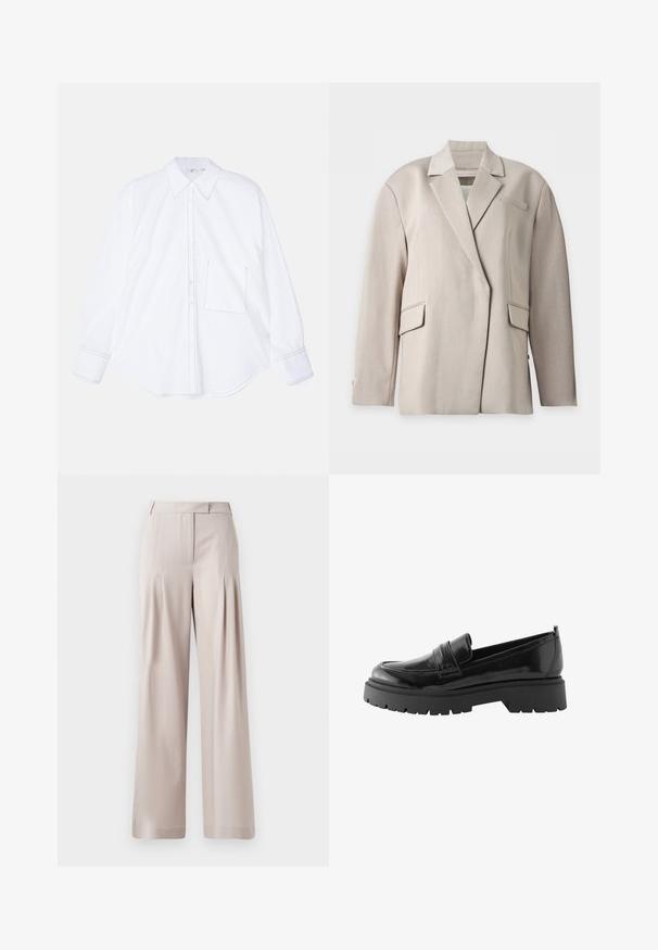 Beige skræddersyet blazer med notch revers, lange ærmer, to lommer med klap og en brystlomme, vist på en hvid baggrund.; Hvid langærmet skjorte fremstillet af glat stof, med knaplukning foran, stort krave, rundet nederste kant og en enkelt venstre brystlomme med syningsdetalje.; Beige vidde bukser med en glat tekstur, plisseret frontdesign og en skræddersyet talje. Velegnet til formelt eller afslappet brug.; Sorte lakerede loafers har en lav platformssål med en robust træd og en quiltet detalje over midtfoden.
