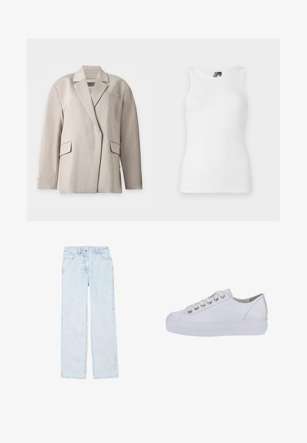 Blazer beige a medida con solapa con muesca, mangas largas, dos bolsillos con solapa y un bolsillo de ojal en el pecho, mostrado sobre un fondo blanco.; Top de tirantes blanco con canalé, que presenta un escote redondo y un diseño sin mangas, hecho de una suave mezcla de algodón con una silueta ajustada.; Jeans de pernera ancha en azul claro con un sutil patrón de rayas, fabricados en denim. Presentan bolsillos frontales y un cierre clásico de botón.; Zapatillas de cuero blanco con una textura suave, punta redonda y suela blanca elevada. Presentan ojales plateados y cordones planos.