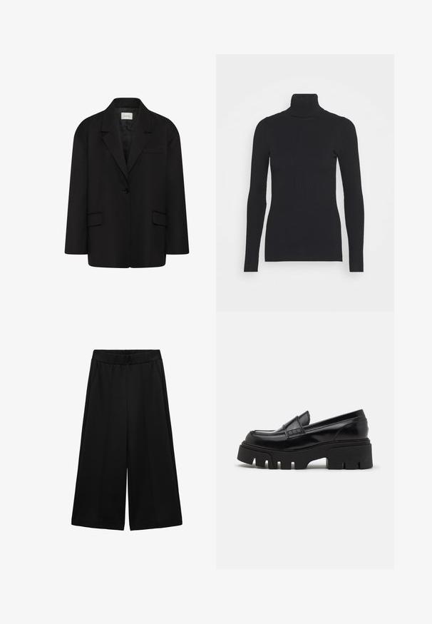 Schwarzer Ein-Knopf-Blazer mit Revers mit Kerben, zwei vorderen Pattentaschen und einer Brusttasche mit Paspel, dargestellt vor weißem Hintergrund.; Schwarzer gerippter Rollkragenpullover, der lange Ärmel und eine figurbetonte Silhouette bietet. Die Textur ist glatt mit einem horizontalen Rippenmuster.; Schwarze weit geschnittene Hosen aus strukturiertem Stoff mit Seitentaschen und einem glatten Bund, designed für eine lockere Passform.; Schwarze Lederloafer mit einer massiven, strukturierten Plateausohle und einem dekorativen Riemen über dem Obermaterial. Glatte, glänzende Oberfläche.