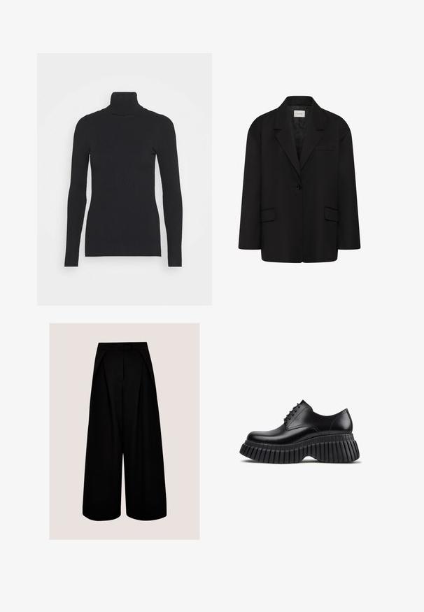 Blazer noir à un bouton avec revers crantés, deux poches avant à rabat et une poche poitrine passepoilée, présenté sur un fond blanc.; Pull noir à col roulé côtelé, doté de longues manches et d'une silhouette près du corps. La texture est lisse avec un motif de côtes horizontal.; Pantalon noir à jambes larges et taille haute, avec plis et fermeture avant cachée, sur un fond clair uni.; Chaussure noire en cuir à lacets avec une semelle épaisse et nervurée exagérée, vue de côté sur fond blanc.