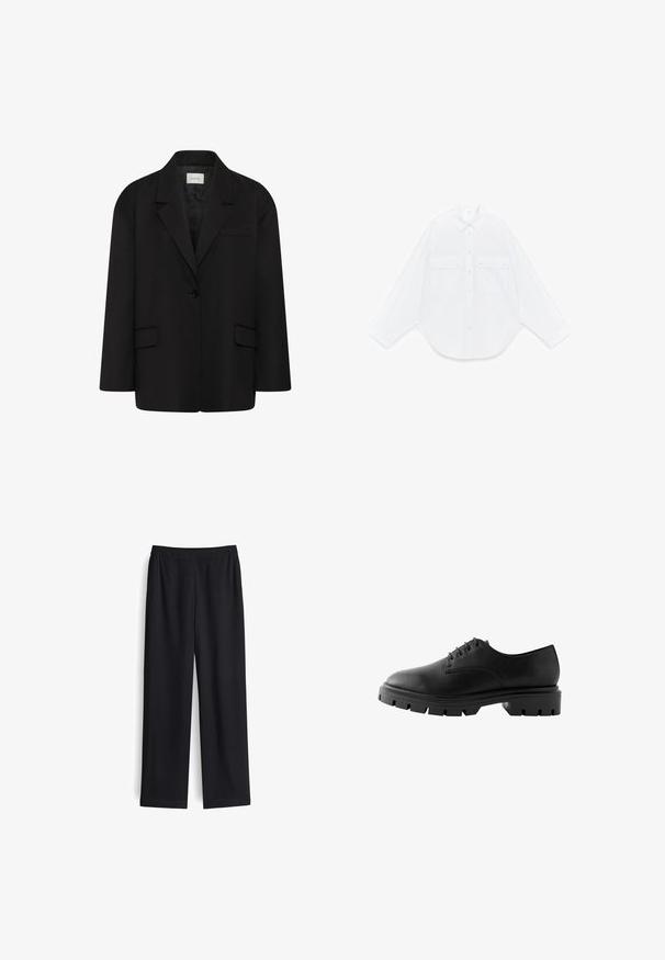 Schwarzer Ein-Knopf-Blazer mit Revers mit Kerben, zwei vorderen Pattentaschen und einer Brusttasche mit Paspel, dargestellt vor weißem Hintergrund.; Weißes langärmliges Hemd mit Knöpfen, spitzem Kragen und zwei vorderen Pattentaschen mit Knöpfen, auf weißem Hintergrund flach liegend.; Schwarze weite Hose aus glattem Stoff mit elastischem Bund und ohne sichtbare Taschen. Gerade Form mit sauberem Finish.; Schwarzer Lederschuh mit abgerundetem Zehenbereich, sechs Ösen, flachen Schnürsenkeln und einer stabilen Gummisohle mit tiefen Profilmustern.