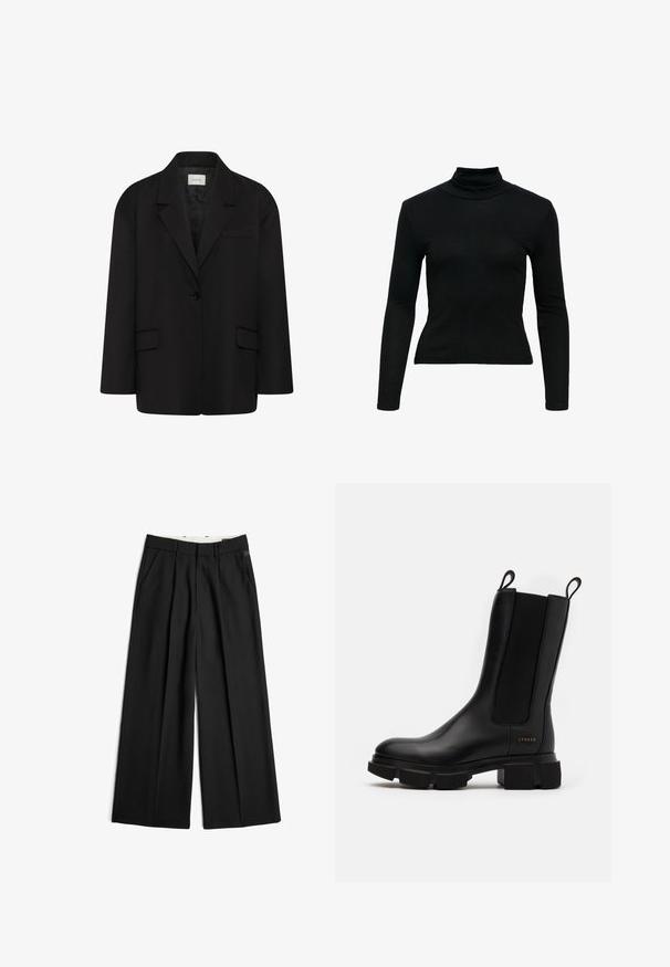 Zwarte blazer met één knoop, met inkeping revers, twee voorzakken met kleppen en een borstpaspelzak, weergegeven op een witte achtergrond.; Zwart aangesloten top met lange mouwen en col, met een iets cropped lengte, getoond op een effen witte achtergrond.; Zwarte wijde broek met voorplooien, zijzakken, riemlussen en een ritssluiting.; Zwarte leren enkellaars met elastische zijpanelen, chunky rubberen zool en trekflappen. Bevat subtiele branding die op de zijkant is geperst.