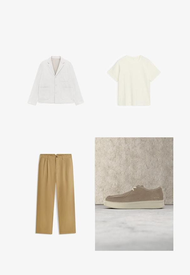 Blazer blanc décontracté avec trois boutons, trois poches plaquées et un col cranté, posé à plat sur un fond blanc.; T-shirt en coton blanc cassé à manches courtes, avec encolure ronde, posé à plat sur un fond blanc.; Pantalon beige à jambes droites avec plis devant, passants de ceinture, poches latérales, et fermeture à bouton et zip à la taille.; Chaussure décontractée en daim gris clair avec semelle blanche et lacets, flottant au-dessus d'un tapis beige dans une pièce avec des meubles de couleur ambre.