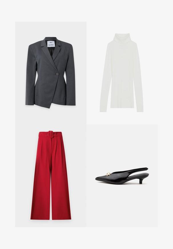 Blazer gris foncé ajusté avec une fermeture à un bouton, des revers crantés et deux poches latérales sur fond blanc.; Pull à col roulé blanc côtelé avec des manches longues, texture douce, et un col roulé haut, doté d'une coupe ajustée et sans fermetures visibles.; Pantalon rouge taille haute à jambes larges, avec plis à l'avant et ceinture assortie en tissu dotée d'une boucle rectangulaire.; Escarpin slingback noir en cuir verni à petit talon kitten, avec un bout pointu et un petit ornement rond doré sur le dessus.
