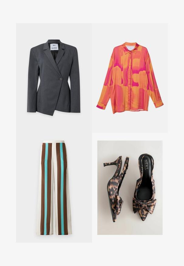 Donkergrijze, op maat gemaakte blazer met een knoopsluiting, zijsplitrevers en twee zijzakken op een witte achtergrond.; Lange mouwen shirt in levendige roze en oranje tinten, met een knoopsluiting aan de voorkant, een klassieke kraag en een vloeiende, lichte stof.; Wijd uitlopende broeken met verticale strepen in bruin, roomkleur en turkoois. Gemaakt van lichte stof met een gladde textuur en een elastische tailleband.; Leopardprint slingback hakken met een spitse neus en een strikaccent. Gemaakt van glad materiaal, met een slanke zwarte zool en een hoge hak.