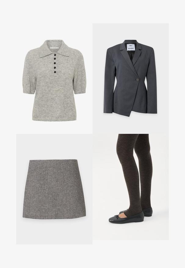 Blazer gris foncé ajusté avec une fermeture à un bouton, des revers crantés et deux poches latérales sur fond blanc.; Polo en maille gris clair à manches courtes, avec cinq boutons noirs et un col pointu.; Jupe à motif chevrons en tissu gris, présentant une silhouette ajustée avec une texture lisse et un ourlet droit et net.; Jambes portant des leggings côtelés foncés associés à des ballerines noires avec de petits détails en nœud sur fond blanc.