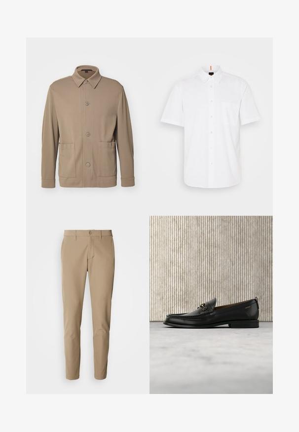 Beige knap-jakke lavet af struktureret stof, med krave, frontknapper og to sidelommer. Skræddersyet, afslappet design.; Hvid kortærmet skjorte med knapper lavet af bomuld, med en enkelt brystlomme, klassisk krave og subtile syningsdetaljer.; Beige bukser lavet af glat stof med lige snit, der har en knaplukning og for- lommer, samt bæltestropper.; Sort læderloafers med guldfarvet metaldekoration og "HUGO" branding, vist mod en beige tæppe og brunt gennemsigtigt møbel.