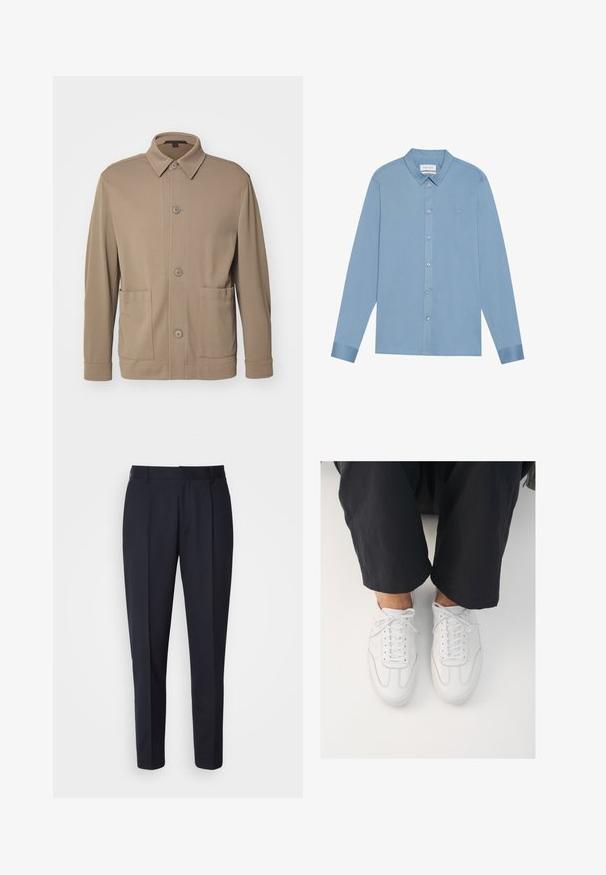 Beige knap-jakke lavet af struktureret stof, med krave, frontknapper og to sidelommer. Skræddersyet, afslappet design.; Lyseblå langærmet skjorte med knapkrave, et elegant design og broderet logo på brystet. Har metalliske knapper.; BOSS PERIN - Bukser - navy; Hvide lædersneakers med en glat overflade, rund tå og klassisk snøresystem, placeret over mørke, løse bukser.