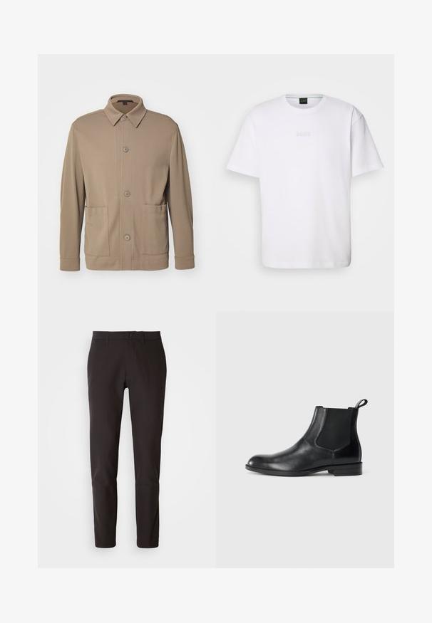 Beige knap-jakke lavet af struktureret stof, med krave, frontknapper og to sidelommer. Skræddersyet, afslappet design.; Hvid bomulds T-shirt med korte ærmer, rund halsudskæring og præget "BOSS" logo på brystet. Glat tekstur, standard pasform.; Sorte bukser lavet af glat stof, med lige snit, standard linning med knaplukning og uden synlige lommer eller mønstre.; Sorte læder ankelstøvler med elastiske sidepaneler, rund tå og en trækloft. Glat tekstur, flad sål, minimalistisk design.