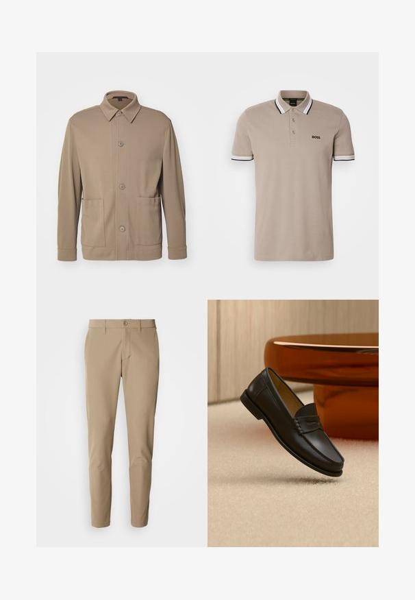 Beež särkjakk, mis on valmistatud tekstuursest kangast, millel on krae, ees nuppude rida ja kaks küljetaskut. Kohandatud, juhuslik disain.; Beige polo särk klassikalise kraega, lühikeste varrukatega ja musta ja valge aktsendiga äärega. Rinna kohal tikitud 'BOSS' logo.; Beežid püksid siledast kangast, sirge lõikega, nupuluku ja ees olevate taskutega, varustatud vöökohaga.; Mustast nahast loafer-tüüpi king ripub beežikal vaibal, taustal on merevaigu värvi moodne mööbel.