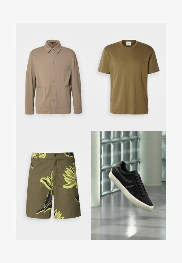 Veste cintrée à boutons beige en tissu texturé, avec un col, des boutons à l'avant et deux poches latérales. Design décontracté et ajusté.; T-shirt en coton vert olive avec un col rond, des manches courtes et un petit logo brodé sur la poitrine. Texture lisse et coupe décontractée.; Shorts vert olive avec un grand motif floral jaune et marine, fabriqués en tissu léger, dotés d'une fermeture à bouton et de poches latérales.; Baskets basses noires avec semelle et lacets blancs, de la marque "BOSS", flottant à l'intérieur près de fenêtres en blocs de verre et de piliers en béton.