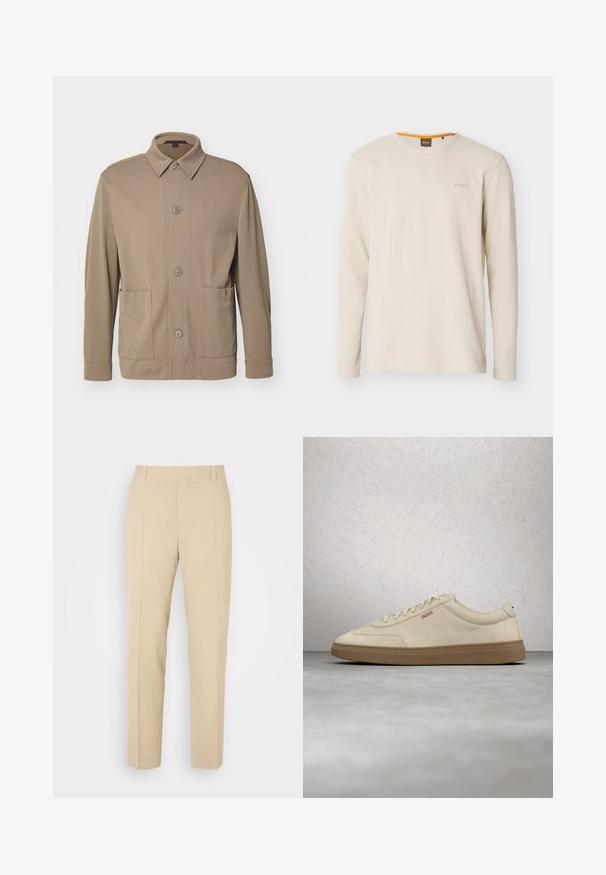 Veste cintrée à boutons beige en tissu texturé, avec un col, des boutons à l'avant et deux poches latérales. Design décontracté et ajusté.; T-shirt beige clair à manches longues en tissu texturé. Présente un col ras du cou et un petit logo sur la poitrine avec un accent orange à l'intérieur du col.; Pantalons beige ajustés avec une coupe droite, fabriqués en tissu léger, dotés de deux poches avant et de plis bien repassés.; Baskets en daim beige clair avec une semelle en caoutchouc gomme, des lacets prononcés et des détails de couture subtils. Design épuré avec une esthétique minimaliste.